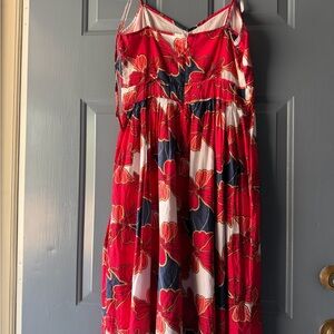 Ann Taylor Red Floral Spaghetti-Strap Midi Dress